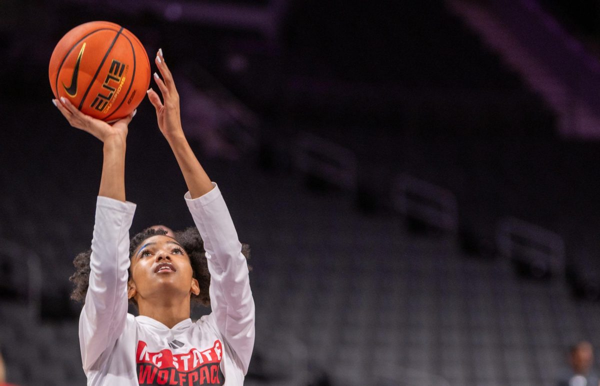 Junior guard Qadence Samuels shoots the ball before the game against USC at the Spectrum Center on Sunday, Nov. 9, 2025. Samuels had nine points and three rebounds. NC State lost to USC 69-68. 