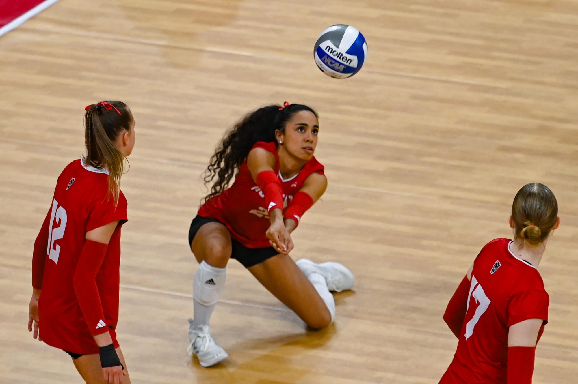 Senior defensive specialist Sydney Daniels goes for a dig during the senior day match against Southern Methodist University in Reynolds Coliseum on Saturday, Nov. 29, 2025. Daniels recorded five digs in her final match with the Wolfpack. NC State lost to SMU 3-2.
