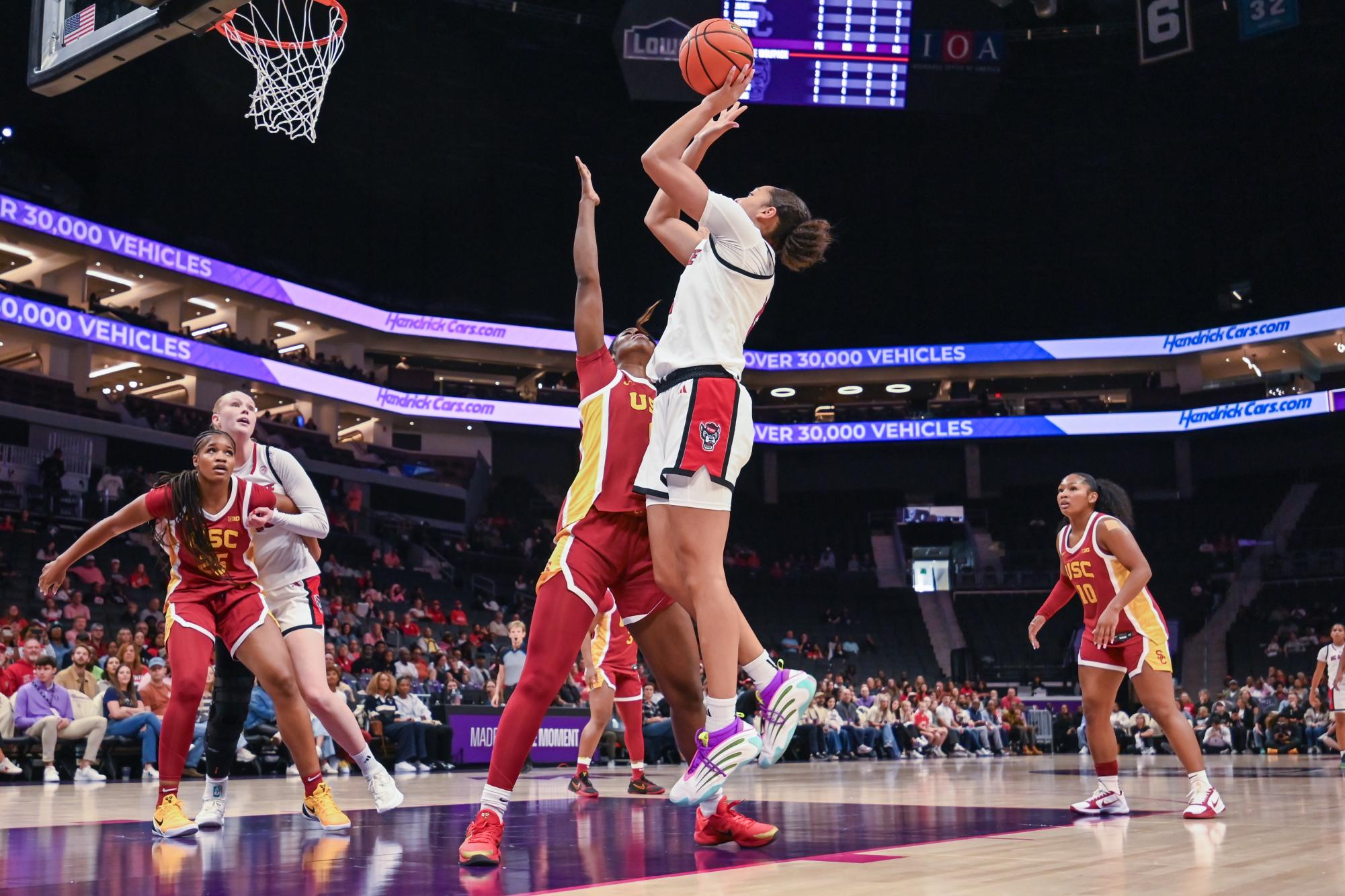Junior forward Khamil Pierre shoots from the paint during the game against Southern California at the Spectrum Center on Sunday, Nov. 9, 2025. Pierre scored ten points. NC State fell to Southern California 69-68.