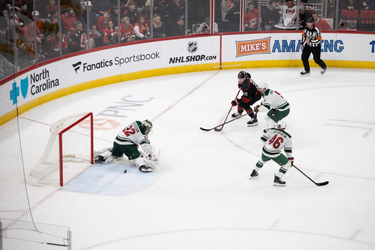 Carolina Hurricanes forward Taylor Hall shoots on goal during the game against the Minnesota Wild at the Lenovo Center on Thursday, Nov. 6, 2025. Hall had one shot on goal and one hit. Carolina beat Minnesota 4-3.