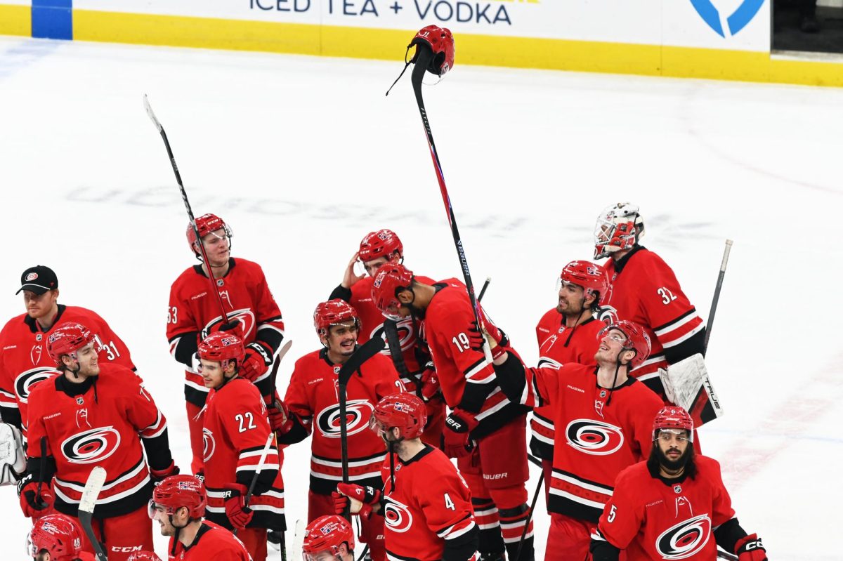 Right wing Andrei Svechnikov celebrates after the game versus the Columbus Blue Jackets at the Lenovo Center on Tuesday, Dec. 9, 2025. Svechnikov recorded two assists for the Hurricanes. The Hurricanes beat the Blue Jackets 4-1.