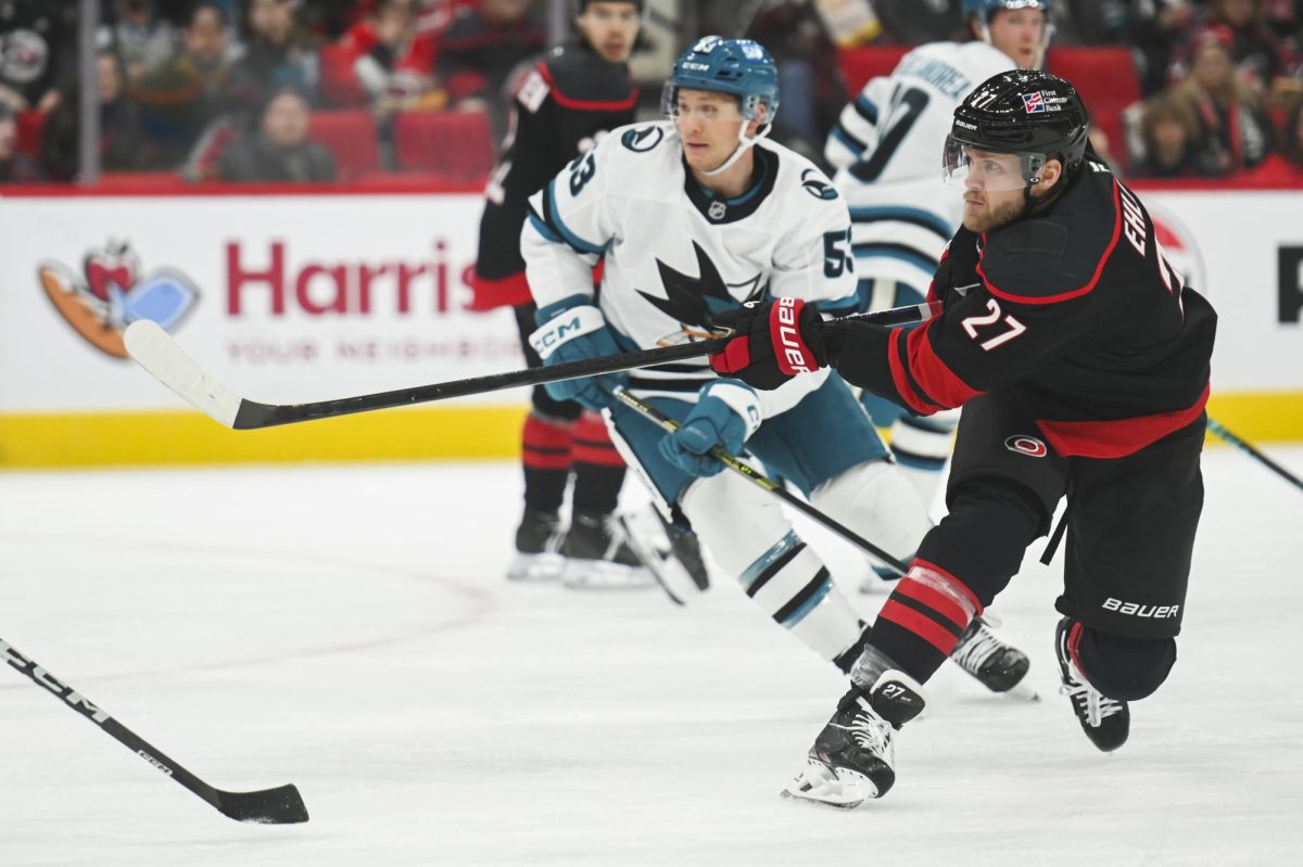 Left wing Nikolaj Ehlers passes the puck during the game versus the San Jose Sharks at the Lenovo Center on Sunday, Dec. 7, 2025. The Hurricanes lost 4-1 to the Sharks.