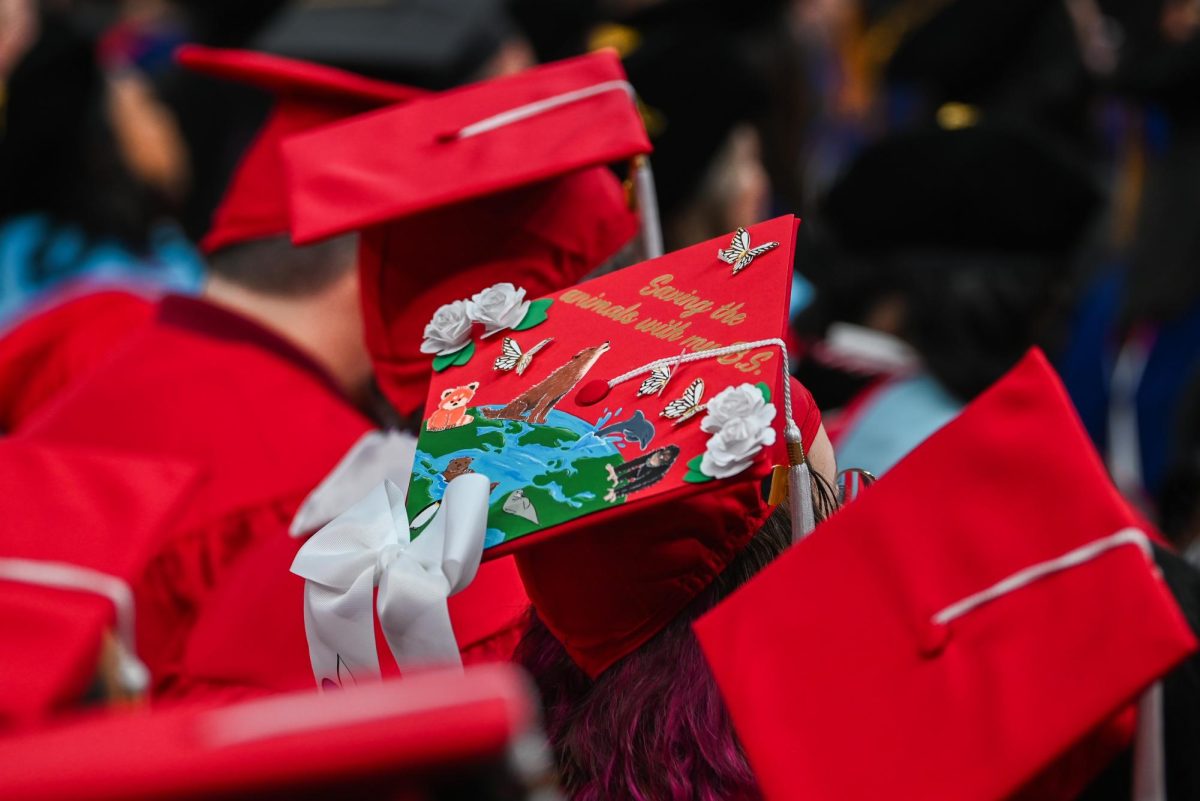 A student with a decorated cap sits during the Fall Commencement Ceremony in the Lenovo Center on Saturday, Dec. 13, 2025. The Fall Commencement honors both summer and fall 2025 graduates.