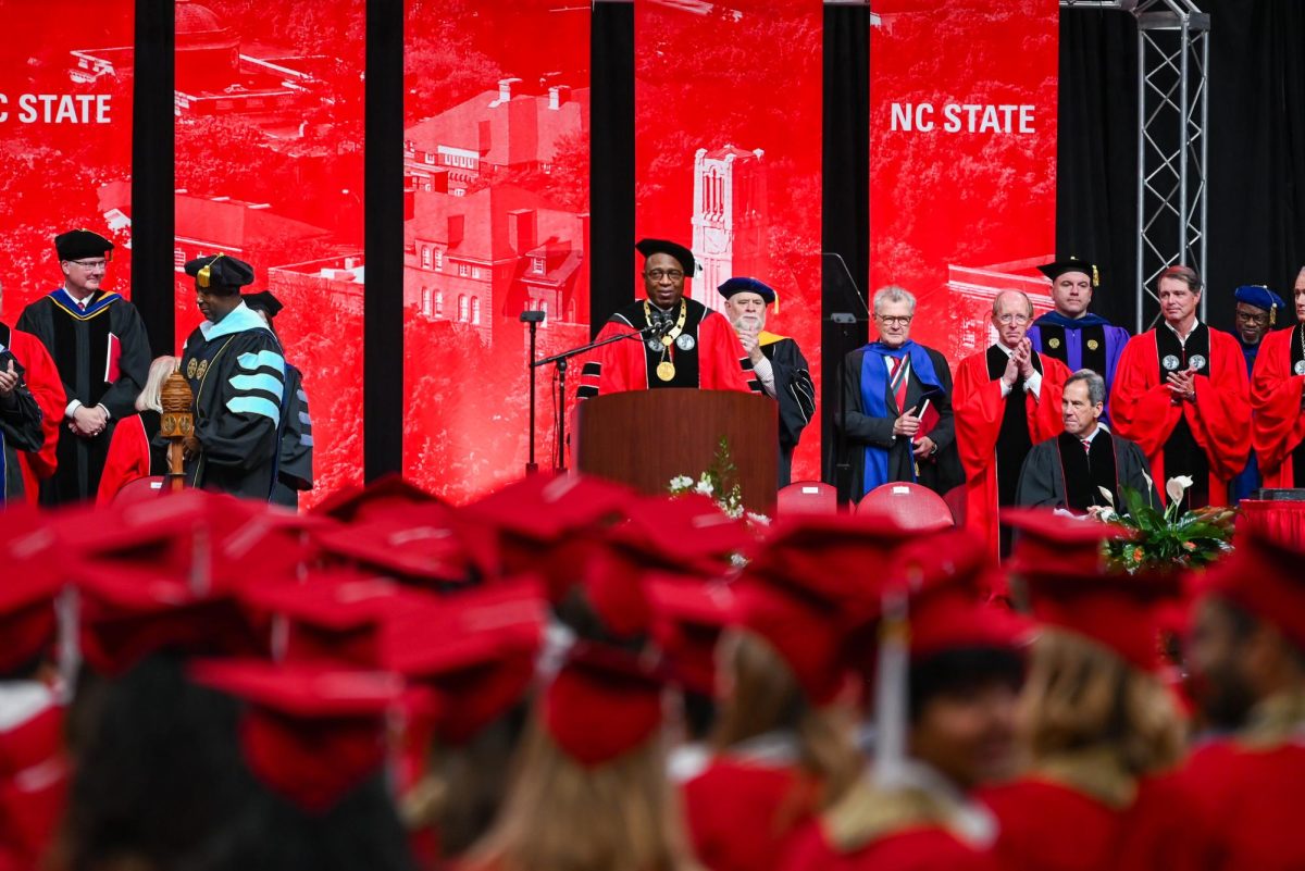 Chancellor Kevin Howell gives a speech to the class of 2025 during the Fall Commencement Ceremony in the Lenovo Center on Saturday, Dec. 13, 2025. The Fall Commencement honors both summer and fall 2025 graduates.