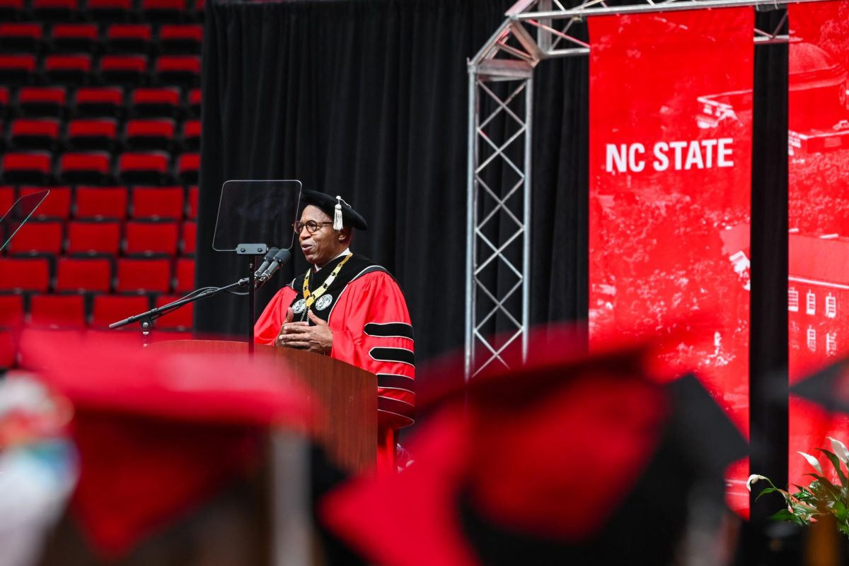 Chancellor Kevin Howell gives a speech to the class of 2025 during the Fall Commencement Ceremony in the Lenovo Center on Saturday, Dec. 13, 2025. The Fall Commencement honors both summer and fall 2025 graduates.