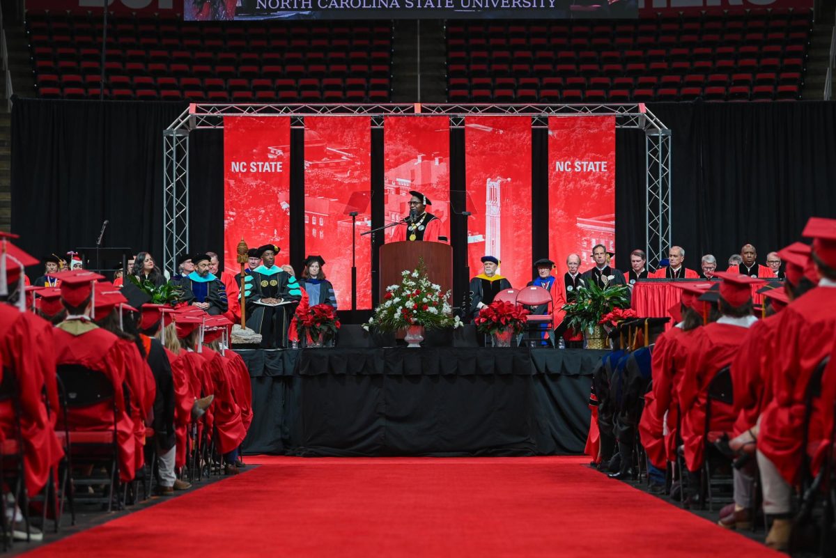 Chancellor Kevin Howell gives a speech to the class of 2025 during the Fall Commencement Ceremony in the Lenovo Center on Saturday, Dec. 13, 2025. The Fall Commencement honors both summer and fall 2025 graduates.