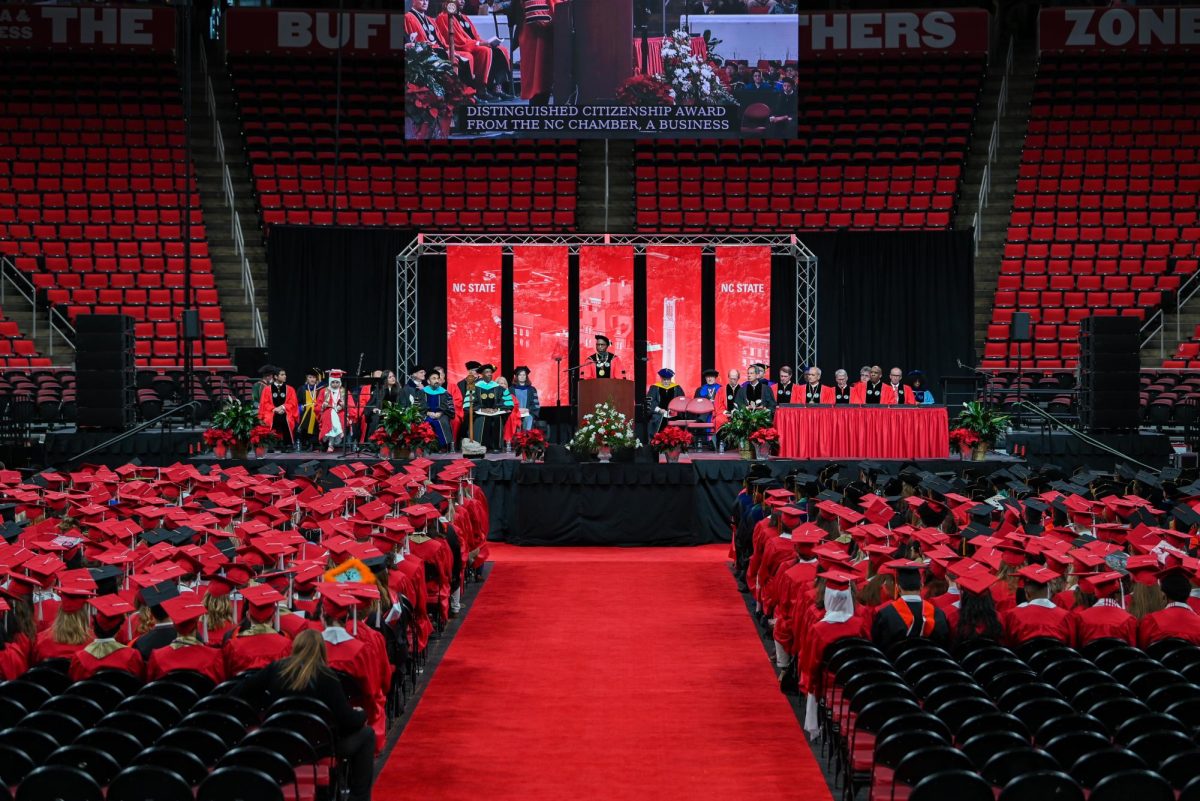 Chancellor Kevin Howell gives a speech to the class of 2025 during the Fall Commencement Ceremony in the Lenovo Center on Saturday, Dec. 13, 2025. The Fall Commencement honors both summer and fall 2025 graduates.