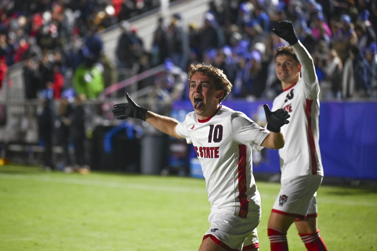 Senior midfielder Taig Healy celebrates after scoring during the game against St. Louis at First Horizon Stadium on Saturday, Dec. 13, 2025. Healy scored one goal. The Wolfpack defeated the Billikens 2-1.