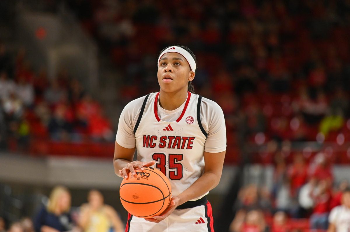 Junior guard Zoe Brooks shoots a free throw during the game against Georgia Tech at Reynolds Coliseum on Thursday, Dec. 18, 2025. The Wolfpack defeated the Yellow Jackets 87-58.