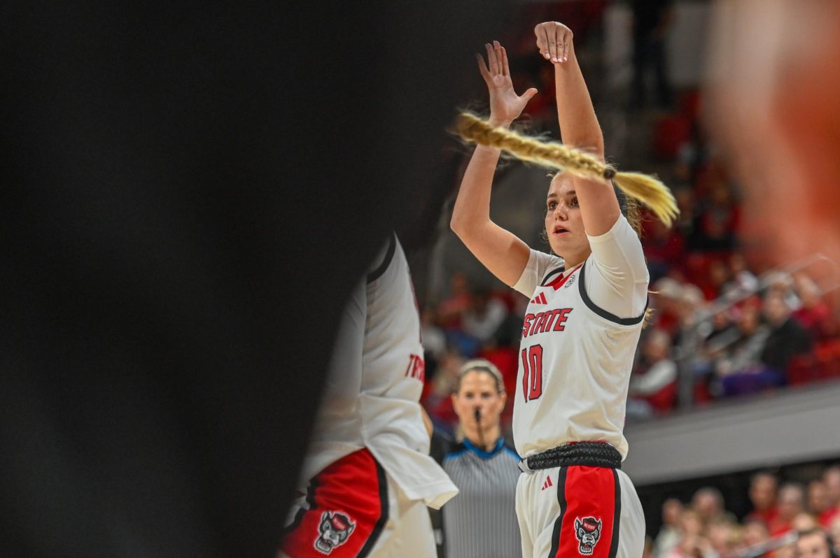 Freshman guard Adelaide Jernigan shoots the ball during the game against Georgia Tech at Reynolds Coliseum on Thursday, Dec. 18, 2025. The Wolfpack defeated the Yellow Jackets 87-58.