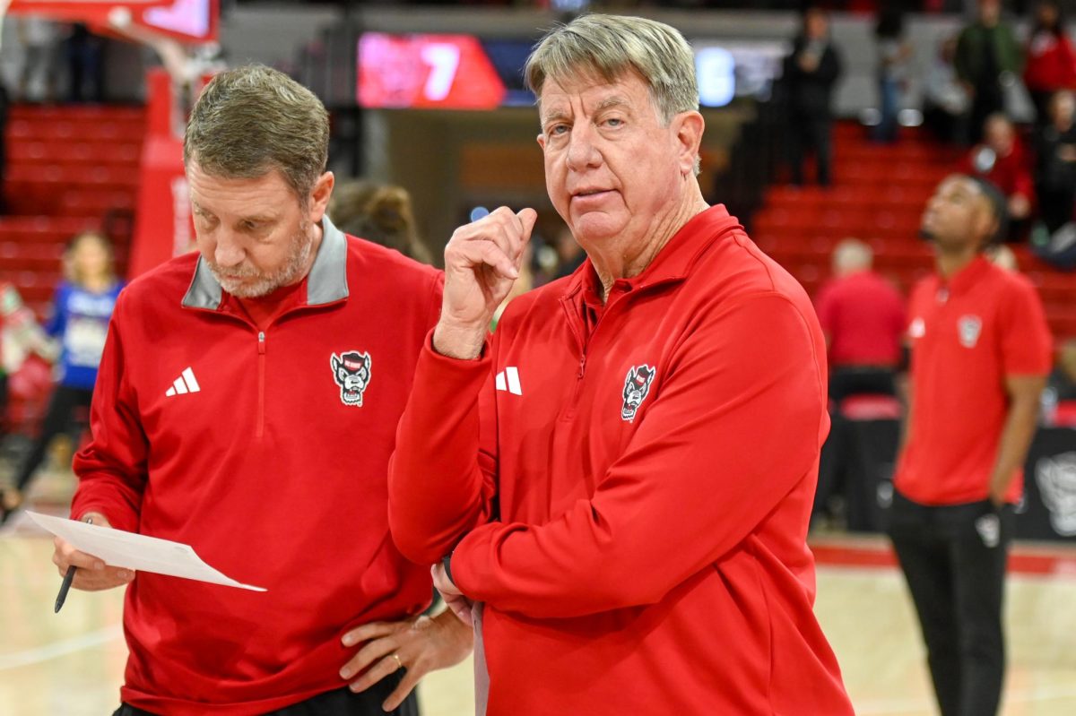 Head coach Wes Moore poses after the game against Georgia Tech at Reynolds Coliseum on Thursday, Dec. 18, 2025. The Wolfpack defeated the Yellow Jackets 87-58.