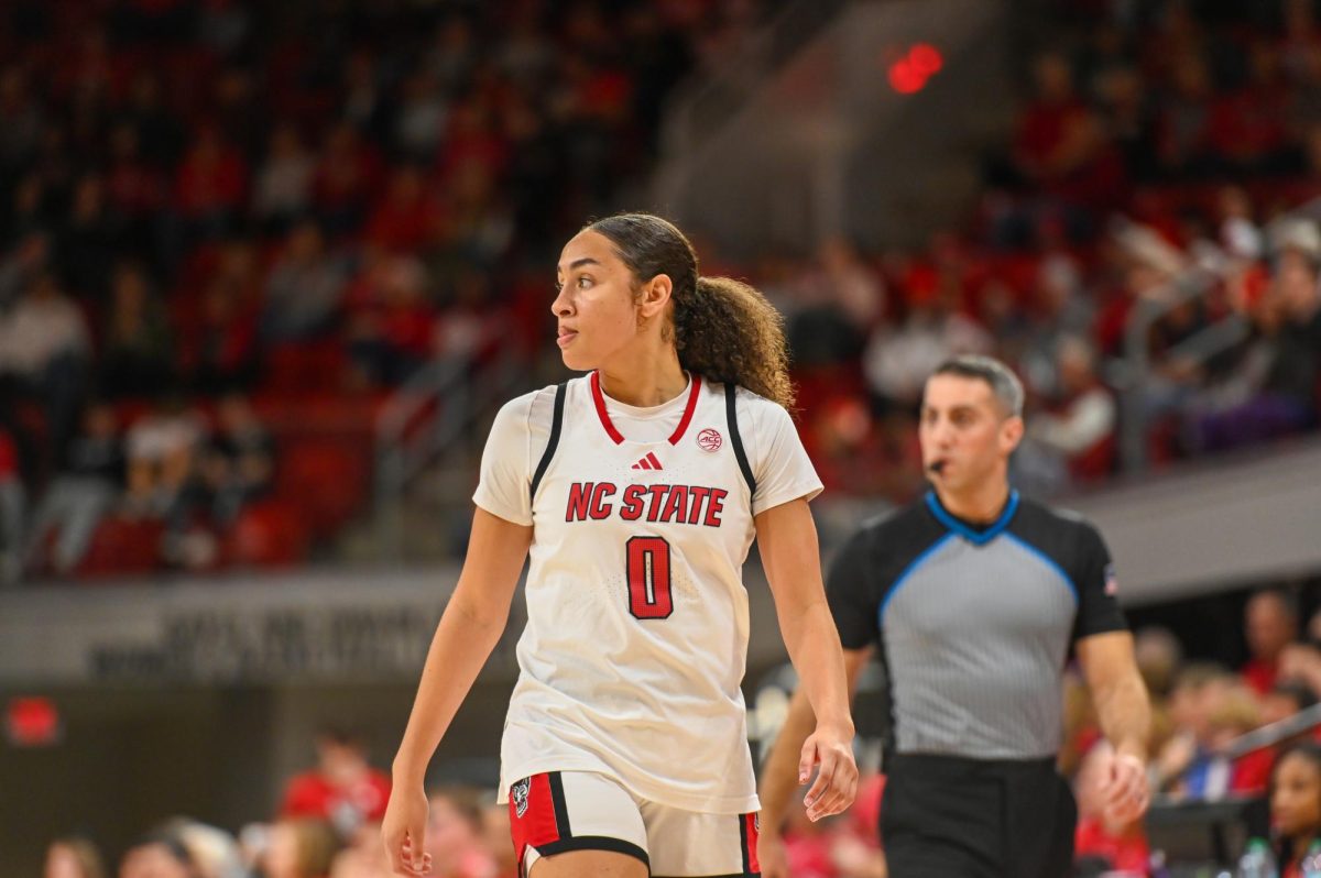 Sophomore guard Devyn Quigley prepares for the play during the game against Georgia Tech at Reynolds Coliseum on Thursday, Dec. 18, 2025. The Wolfpack defeated the Yellow Jackets 87-58.