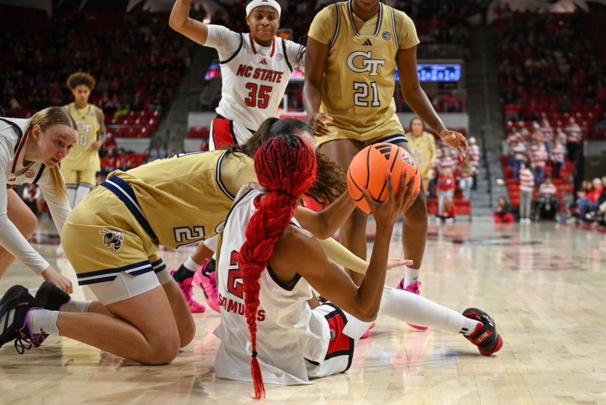 Junior guard Qadence Samuels grabs the ball during the game against Georgia Tech at Reynolds Coliseum on Thursday, Dec. 18, 2025. The Wolfpack defeated the Yellow Jackets 87-58.