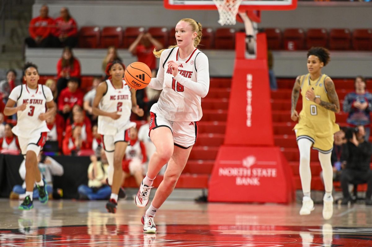 Sophomore forward Tilda Trygger dribbles the ball during the game against Georgia Tech at Reynolds Coliseum on Thursday, Dec. 18, 2025. The Wolfpack defeated the Yellow Jackets 87-58.