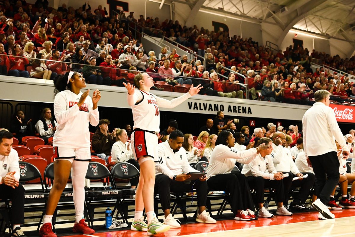 Junior center Mallory Collier and junior forward Maddie Cox celebrate during the game against Seton Hall in Reynolds Coliseum on Sunday, Dec. 7, 2025. The Wolfpack defeated the Pirates 61-53.