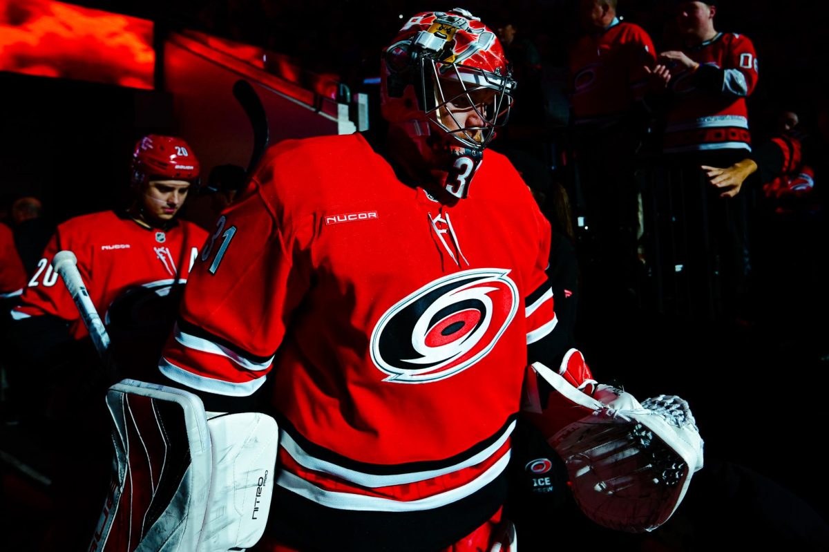 Goalie Frederik Andersen walks out for the second period of the game versus the Chicago Blackhawks at the Lenovo Center on Thursday, Jan. 22, 2026. Andersen successfully blocked 19 shots. The Blackhawks beat the Canes 4-3 in a shootout.  