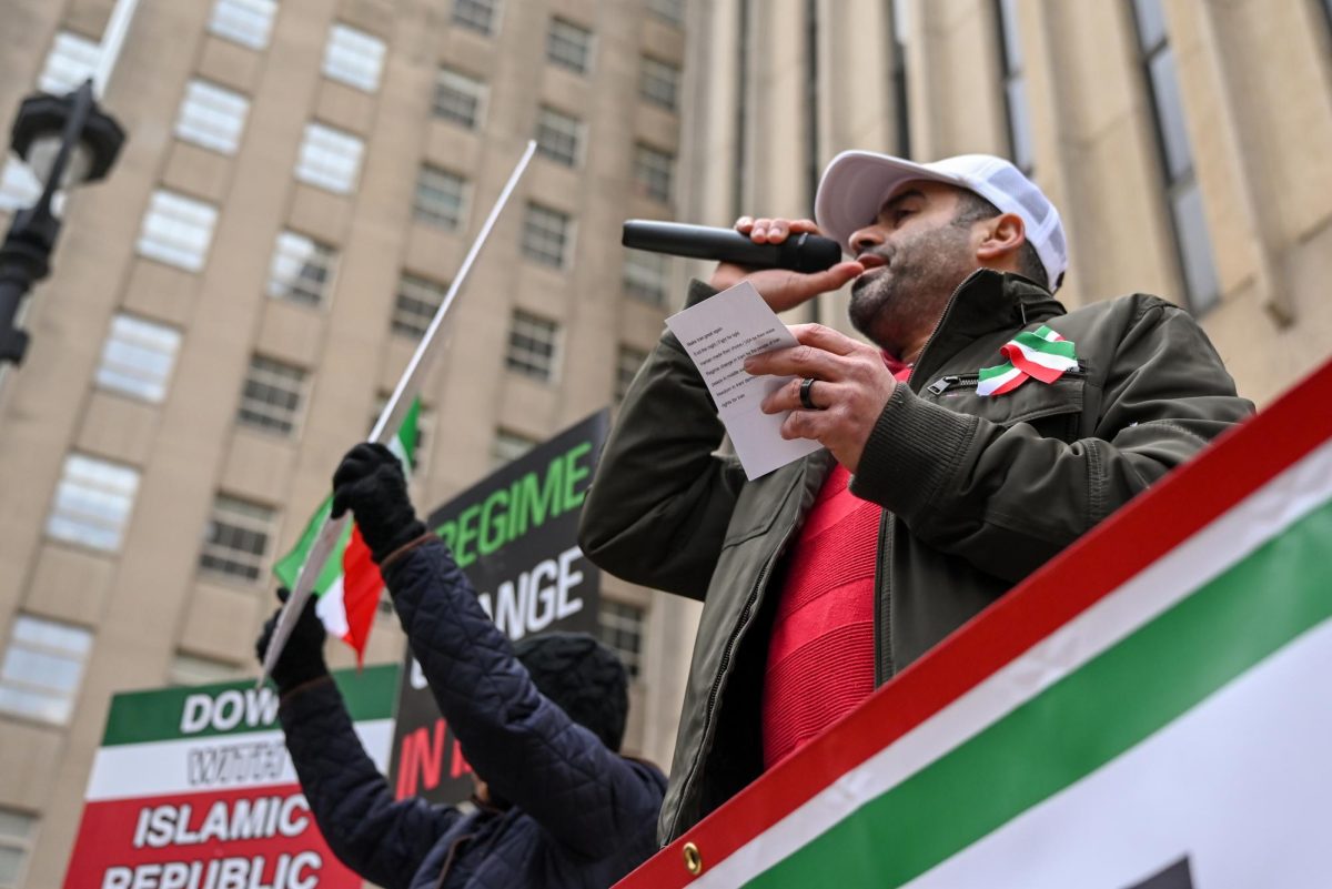 Jamshid Rasoli addresses the crowd of protesters in front of the Wake County Courthouse on Saturday, Jan. 17, 2026. This protest was organized to support the people of Iran amidst ongoing widespread protests in the country.