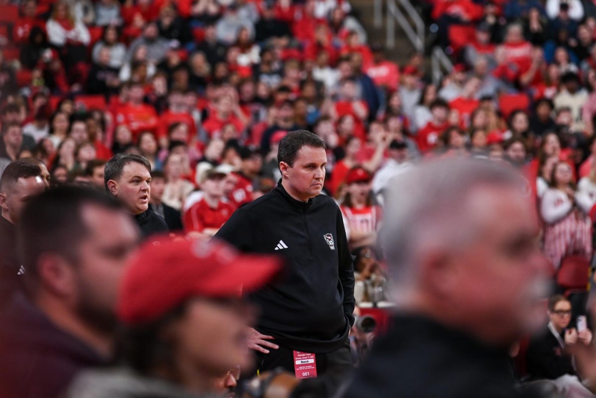 Head Coach Will Wade intently stares at the court during the game against Georgia Tech at the Lenovo Center on Saturday Jan. 17, 2026. NC State had a total of 32 rebounds and 13 steals. The Wolfpack fell to the Yellow Jackets 74-78.