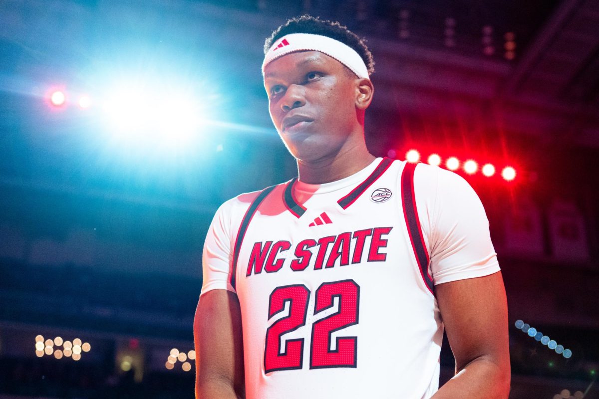 Senior forward Ven-Allen Lubin walks back to the huddle before the game against Syracuse in the Lenovo Center on Tuesday, Jan. 27, 2026. Lubin scored 18 points. The Wolfpack defeated the Orange 88-68.