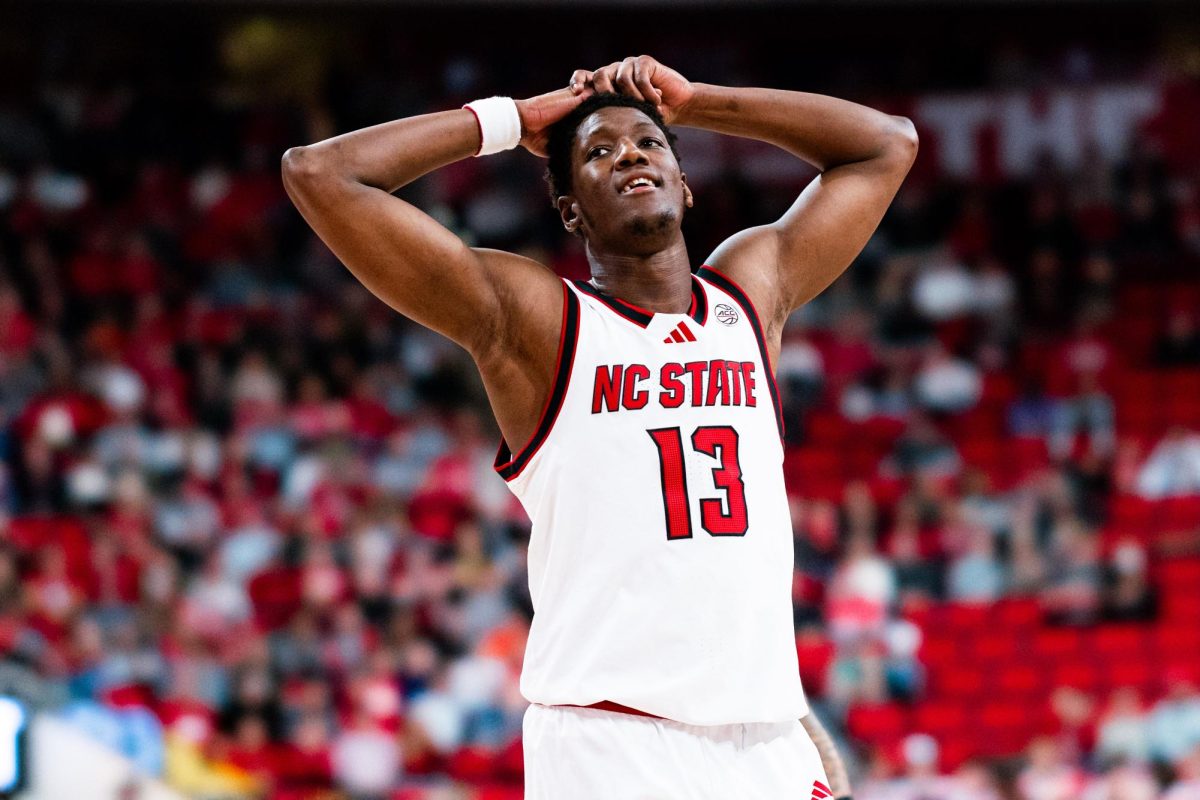 Freshman forward Musa Sagnia puts his hands on his head during the game in the Lenovo Center on Tuesday, Jan. 27, 2026.
