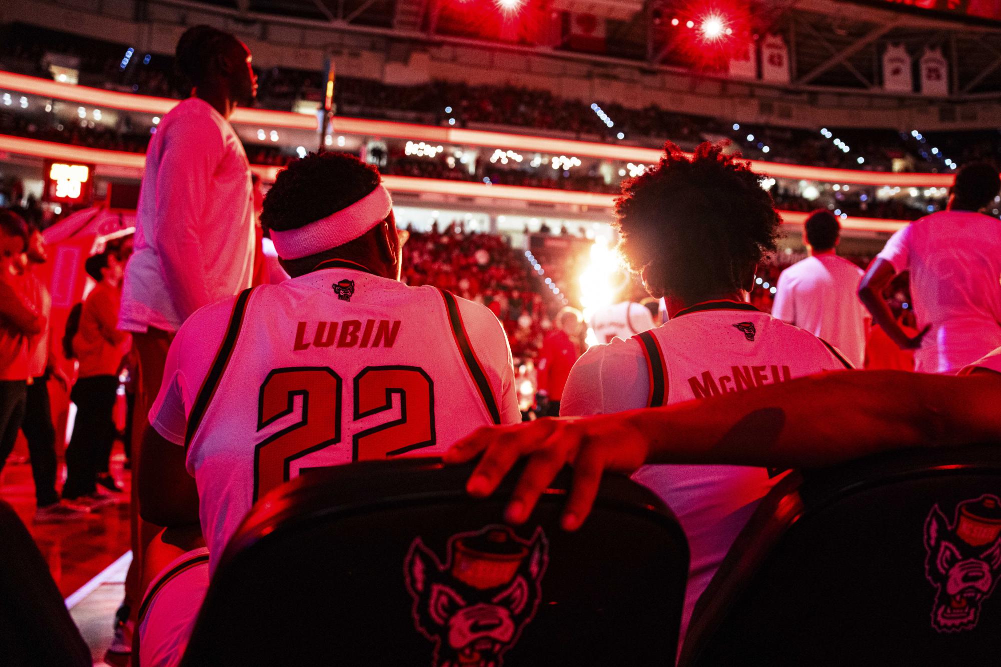 Senior forward Ven-Allen Lubin and sophomore guard Paul McNeil wait to run out before the game against Virginia at Lenovo Center on Saturday, Jan. 3, 2026. The Cavaliers beat the Wolfpack 76-61.