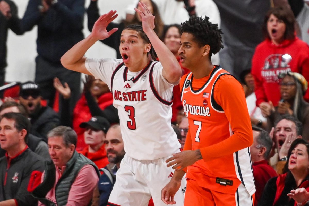Freshman guard Matt Able reacts to a call during the game against Syracuse at the Lenovo Center on Tuesday, Jan. 27, 2026. The Wolfpack defeated the Orange 88-68.