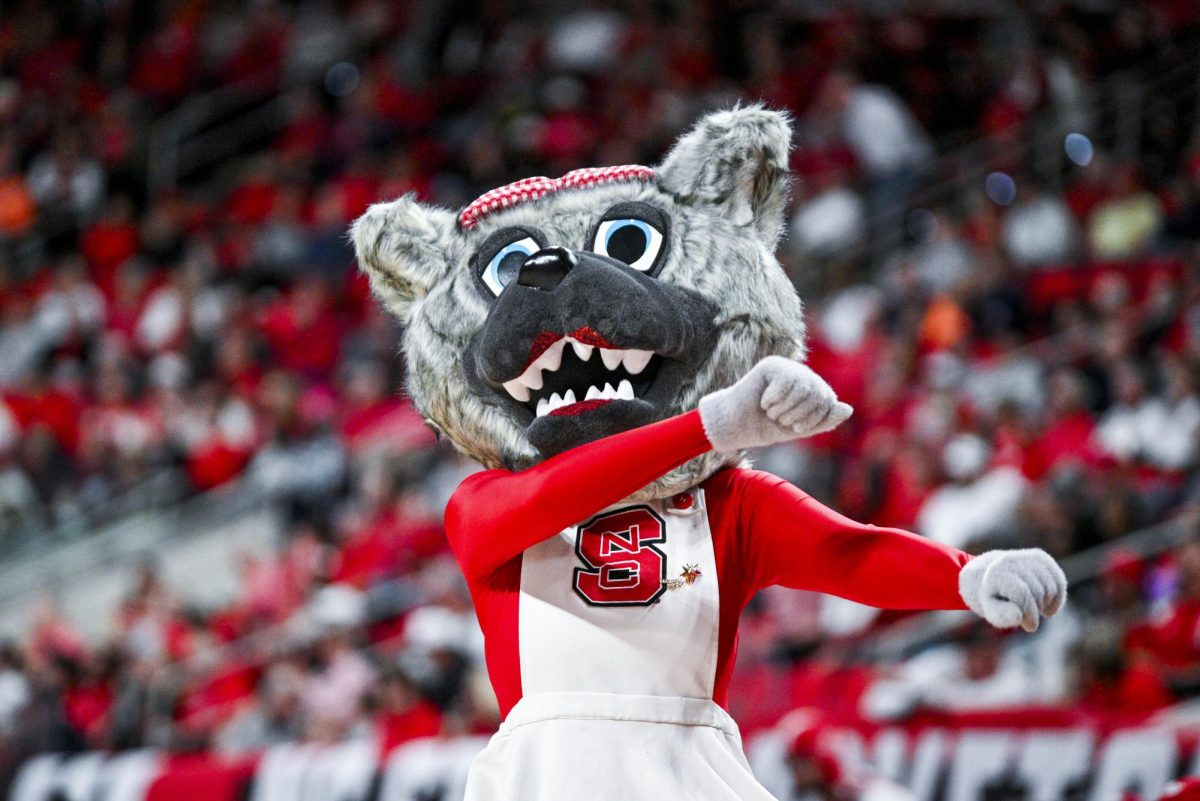 Ms. Wuf dances during the game against Virginia at the Lenovo Center on Saturday, Jan. 3, 2026. The Cavaliers beat the Wolfpack 76-61.