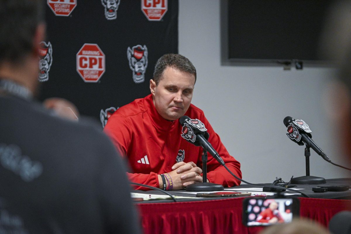 Head coach Will Wade answers questions after the game against Virginia at the Lenovo Center on Saturday, Jan. 3, 2026. The Cavaliers beat the Wolfpack 76-61.