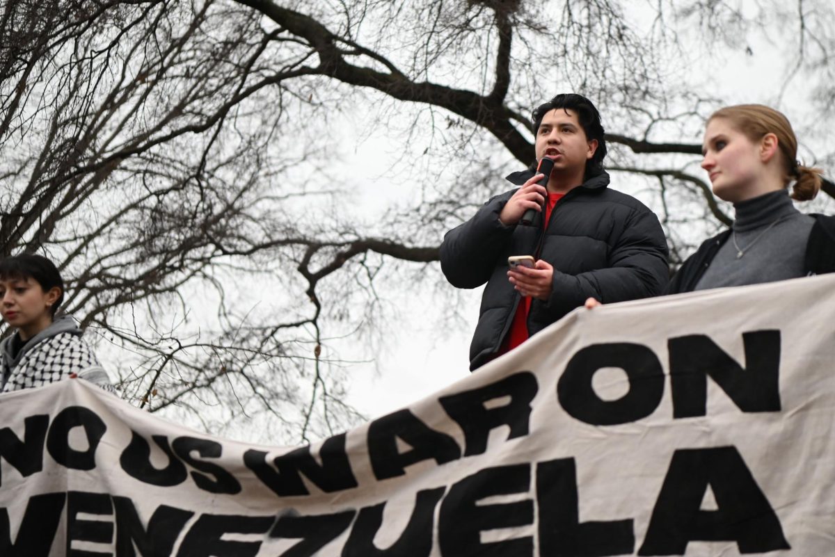 Victor Urquiza addresses protestors in Moore Square in downtown Raleigh on Saturday, Jan. 3, 2026. This protest was organized in response to recent United States military actions in Venezuela and the Caribbean.
