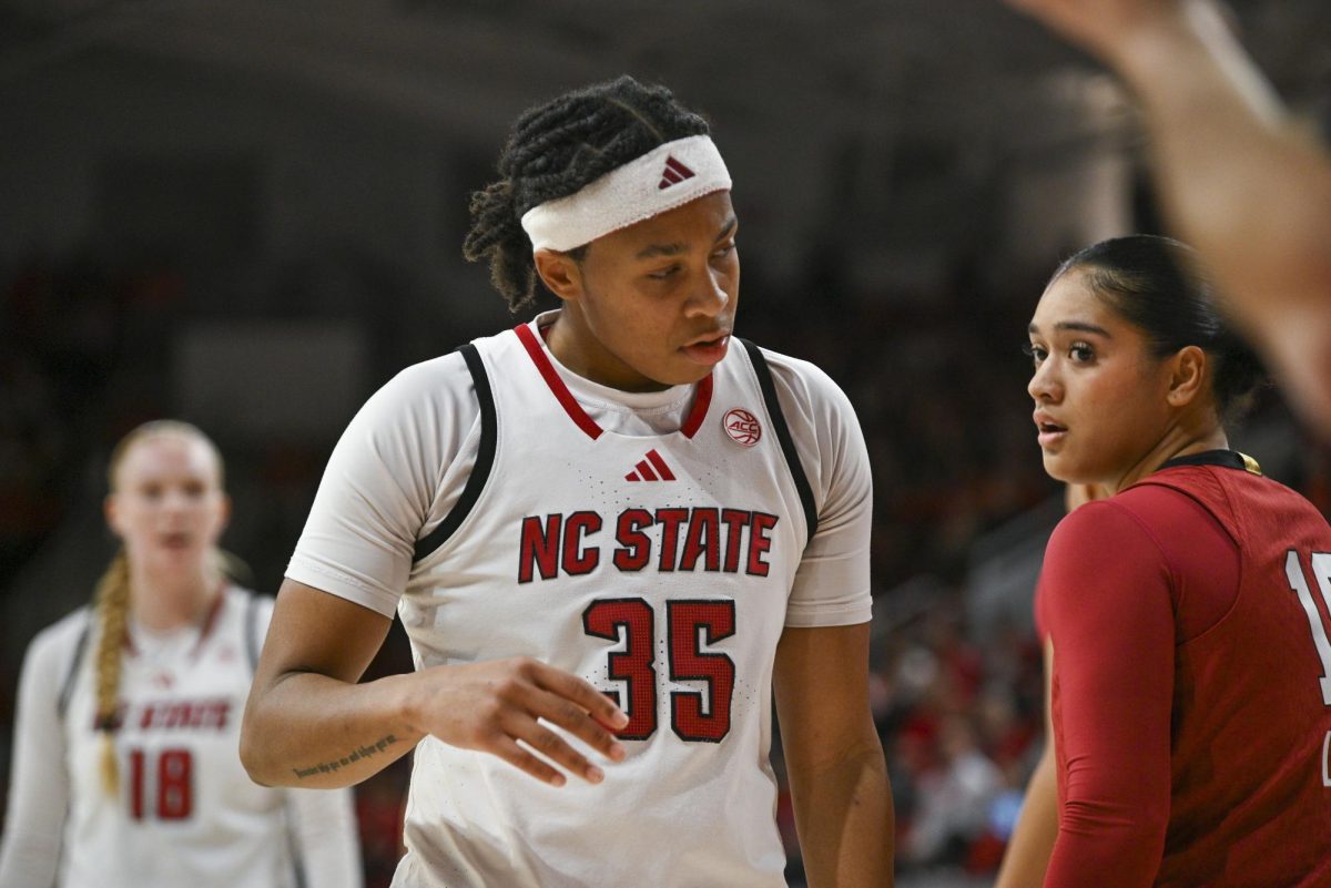 Junior guard Zoe Brooks prepares for the next play during the game against Stanford at Reynolds Coliseum on Thursday, Jan. 1, 2026. Brooks scored a total of 18 points. The Wolfpack defeated the Cardinals 74-46.
