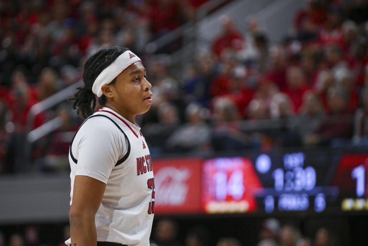 Junior guard Zoe Brooks prepares for the next play during the game against Stanford at Reynolds Coliseum on Thursday, Jan. 1, 2026. Brooks scored a total of 18 points. The Wolfpack defeated the Cardinals 74-46.