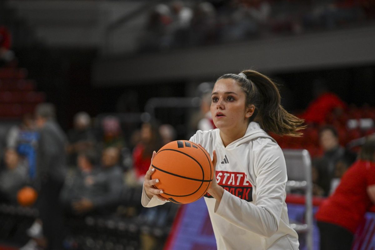 Freshman guard Adelaide Jernigan shoots the ball before the game against Stanford at Reynolds Coliseum on Thursday, Jan. 1, 2026.  The Wolfpack defeated the Cardinals 74-46.