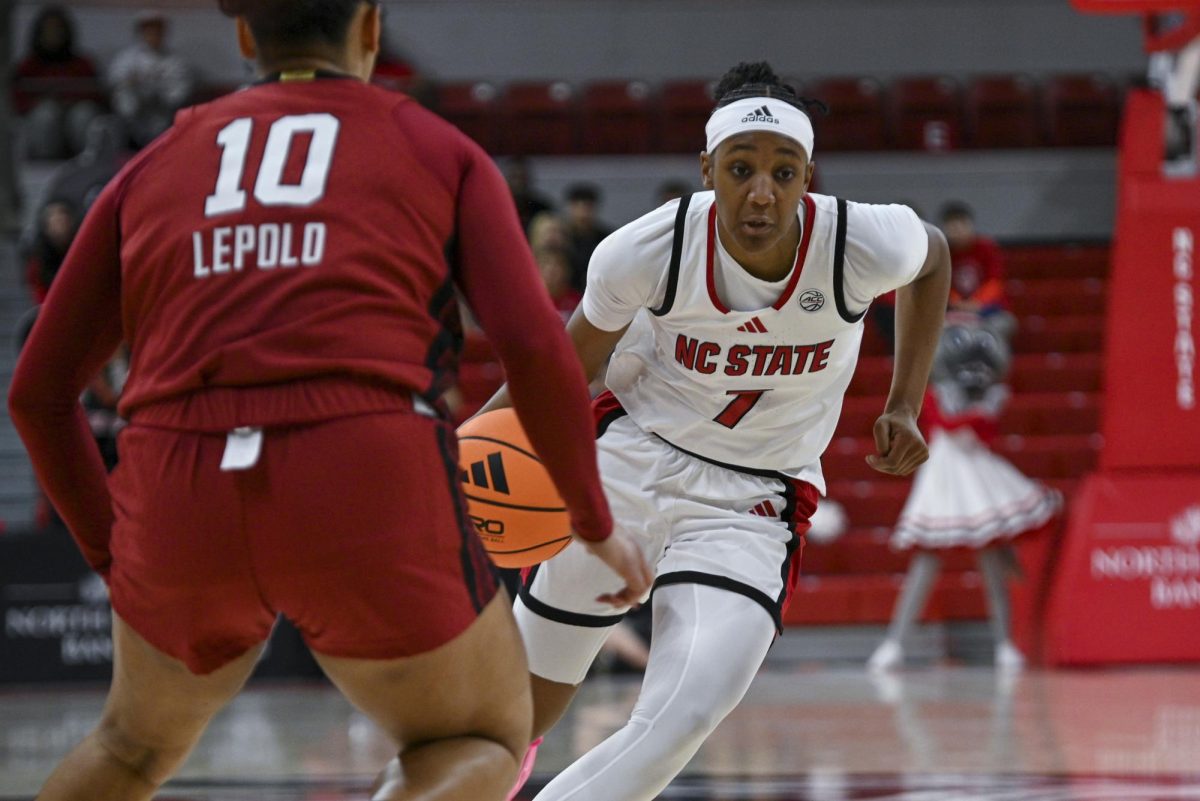 Freshman guard Destiny "Ky'She" Lunan dribbles the ball during the game against Stanford at Reynolds Coliseum on Thursday, Jan. 1, 2026. Lunan scored a total of seven points. The Wolfpack defeated the Cardinals 74-46.
