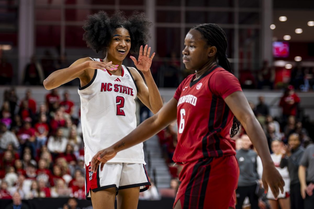 Junior guard Qadence Samuels celebrates after forcing a turnover during the game against Stanford in Reynolds Coliseum on Thursday, Jan. 1, 2026. The Wolfpack defeated the Cardinal 74-46.