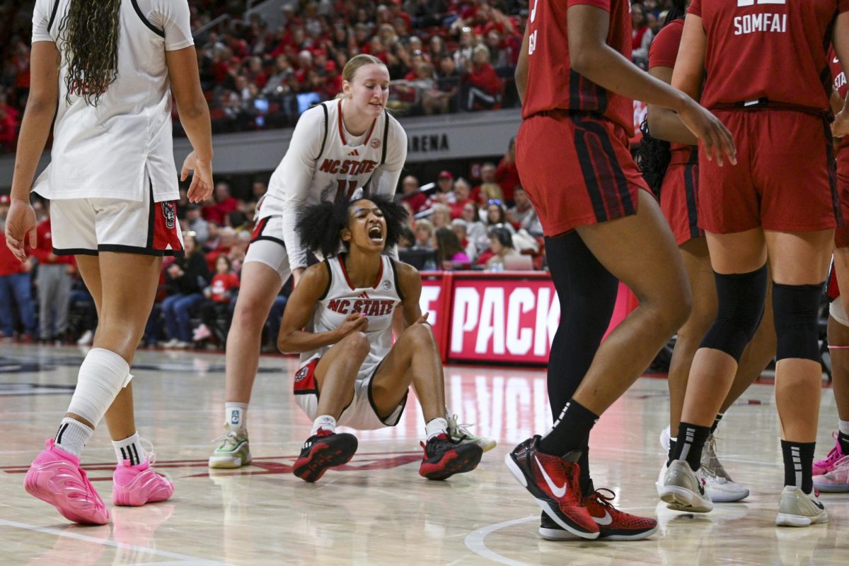 Junior guard Qadence Samuels screams after getting fouled during the game against Stanford at Reynolds Coliseum on Thursday, Jan. 1, 2026. Samuels scored a total of five points. The Wolfpack defeated the Cardinals 74-46.