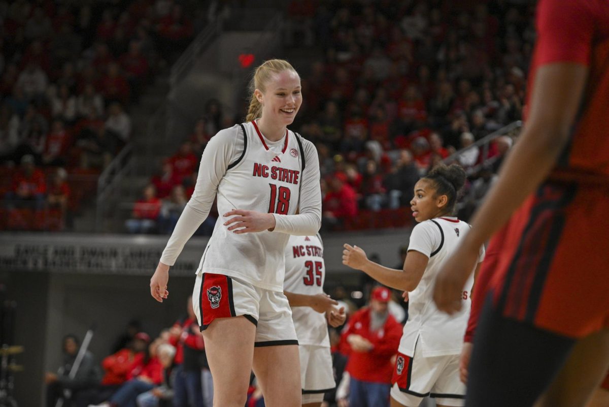 Sophomore forward Tilda Trygger dances after getting fouled during the game against Stanford at Reynolds Coliseum on Thursday, Jan. 1, 2026. Trygger scored a total of 12 points. The Wolfpack defeated the Cardinals 74-46.