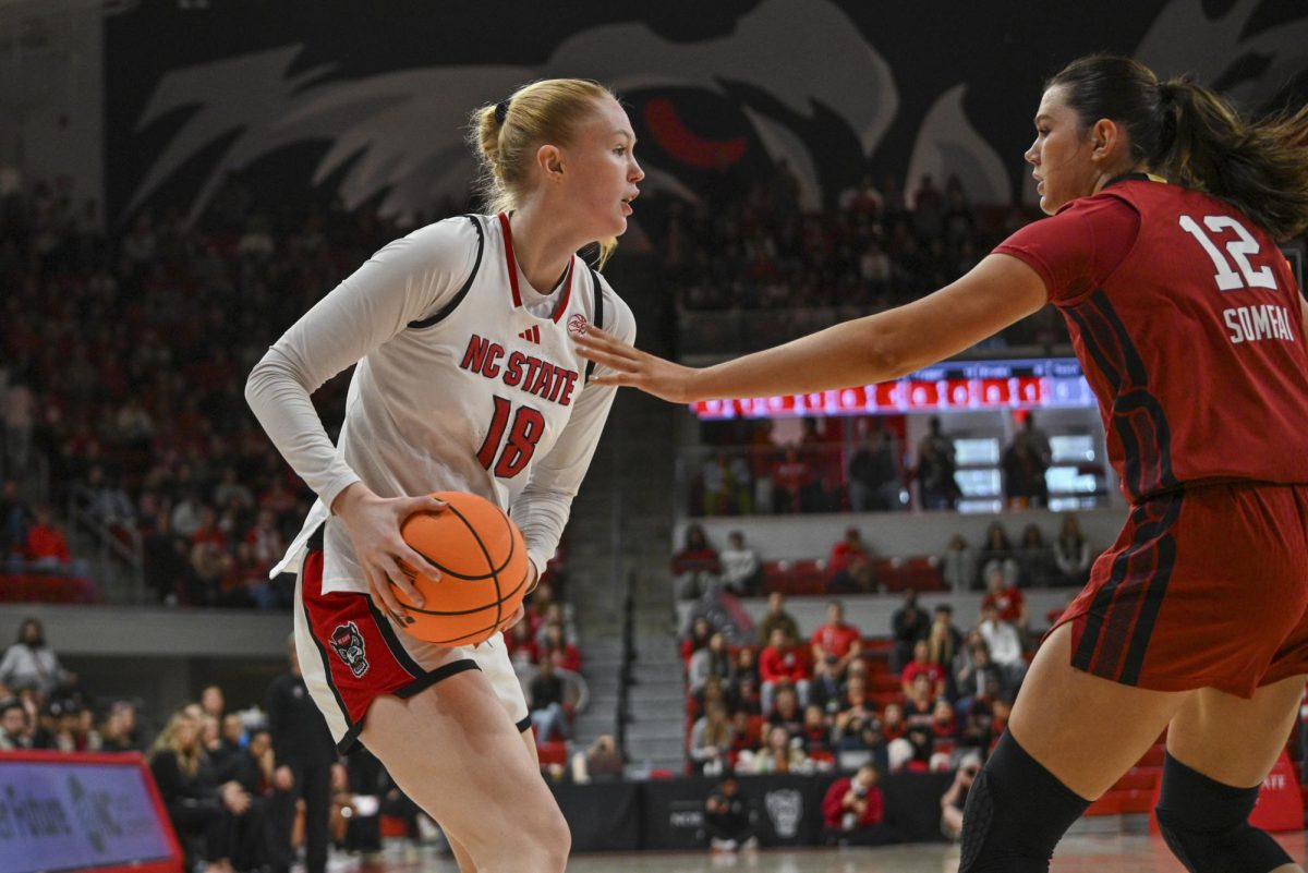 Sophomore forward Tilda Trygger stands with the ball during the game against Stanford at Reynolds Coliseum on Thursday, Jan. 1, 2026. Trygger scored a total of 12 points. The Wolfpack defeated the Cardinals 74-46.