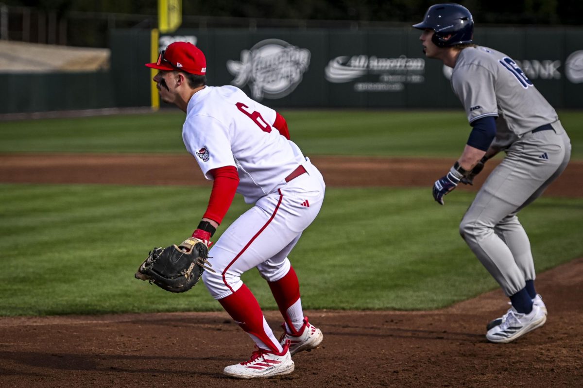 Senior infielder Dalton Bargo anticipates a play during the game against Richmond at Doak Field in Dail Park on Tuesday, Feb. 24, 2026. The Wolfpack defeated the Spiders 27-0.