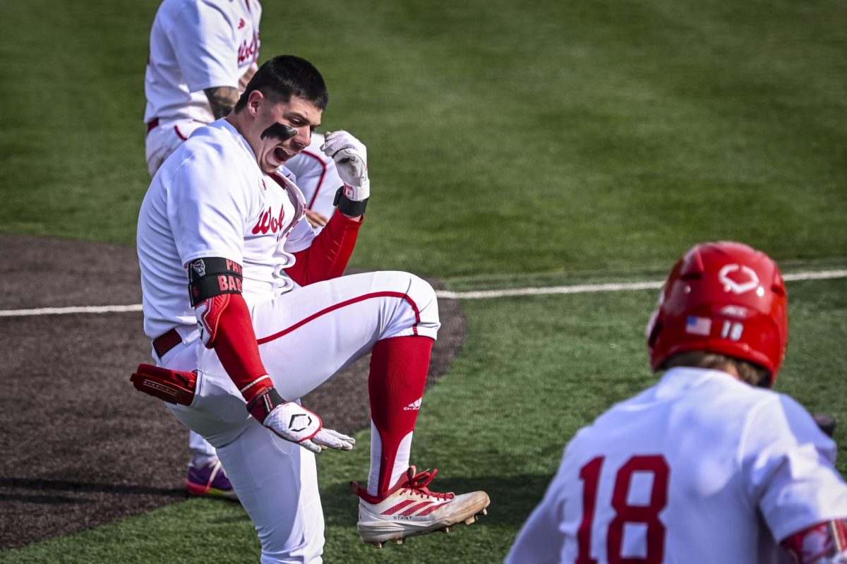 Senior infielder Dalton Bargo celebrates his home run during the game against Richmond at Doak Field in Dail Park on Tuesday, Feb. 24, 2026. The Wolfpack defeated the Spiders 27-0.