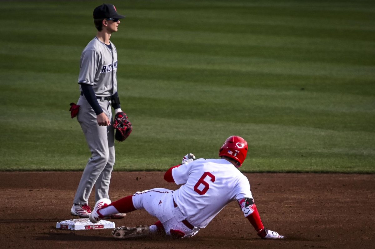 Senior infielder Dalton Bargo slides into second during the game against Richmond at Doak Field in Dail Park on Tuesday, Feb. 24, 2026. Bargo recorded five RBIs. The Wolfpack defeated the Spiders 27-0.