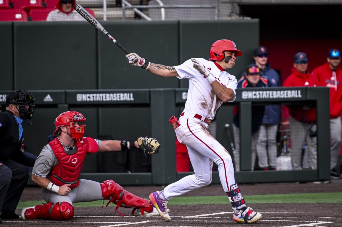 Sophomore outfielder Ty Head smacks the ball during the game against Richmond at Doak Field in Dail Park on Tuesday, Feb. 24, 2026. Head recorded three RBIs. The Wolfpack defeated the Spiders 27-0.