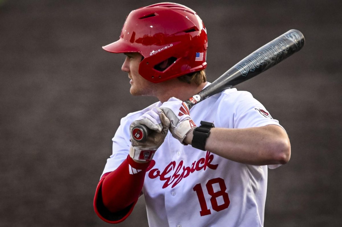 Senior infielder Wyatt Peifer stands on deck during the game against Richmond at Doak Field in Dail Park on Tuesday, Feb. 24, 2026. The Wolfpack defeated the Spiders 27-0.
