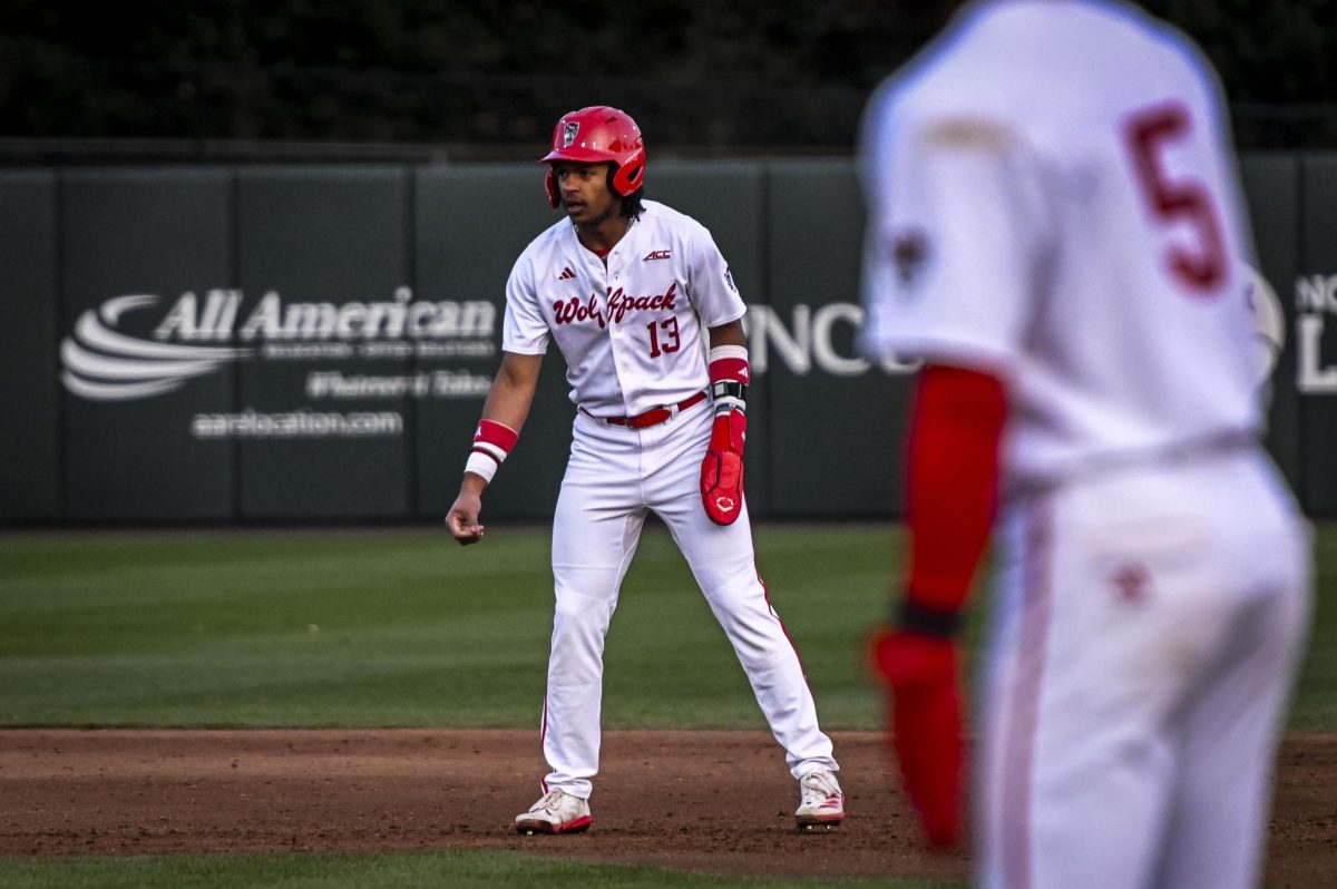 Junior outfielder Andrew Wiggins takes a lead on second during the game against Richmond at Doak Field in Dail Park on Tuesday, Feb. 24, 2026. The Wolfpack defeated the Spiders 27-0.