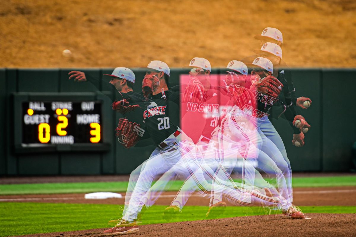 Multiple exposure of NC State junior left-handed pitcher Ryan Marohn pitches during the game against Sacred Heart in Doak Field at Dail Park on Friday, Feb. 27, 2026. The Wolfpack defeated the Pioneers 17-4.