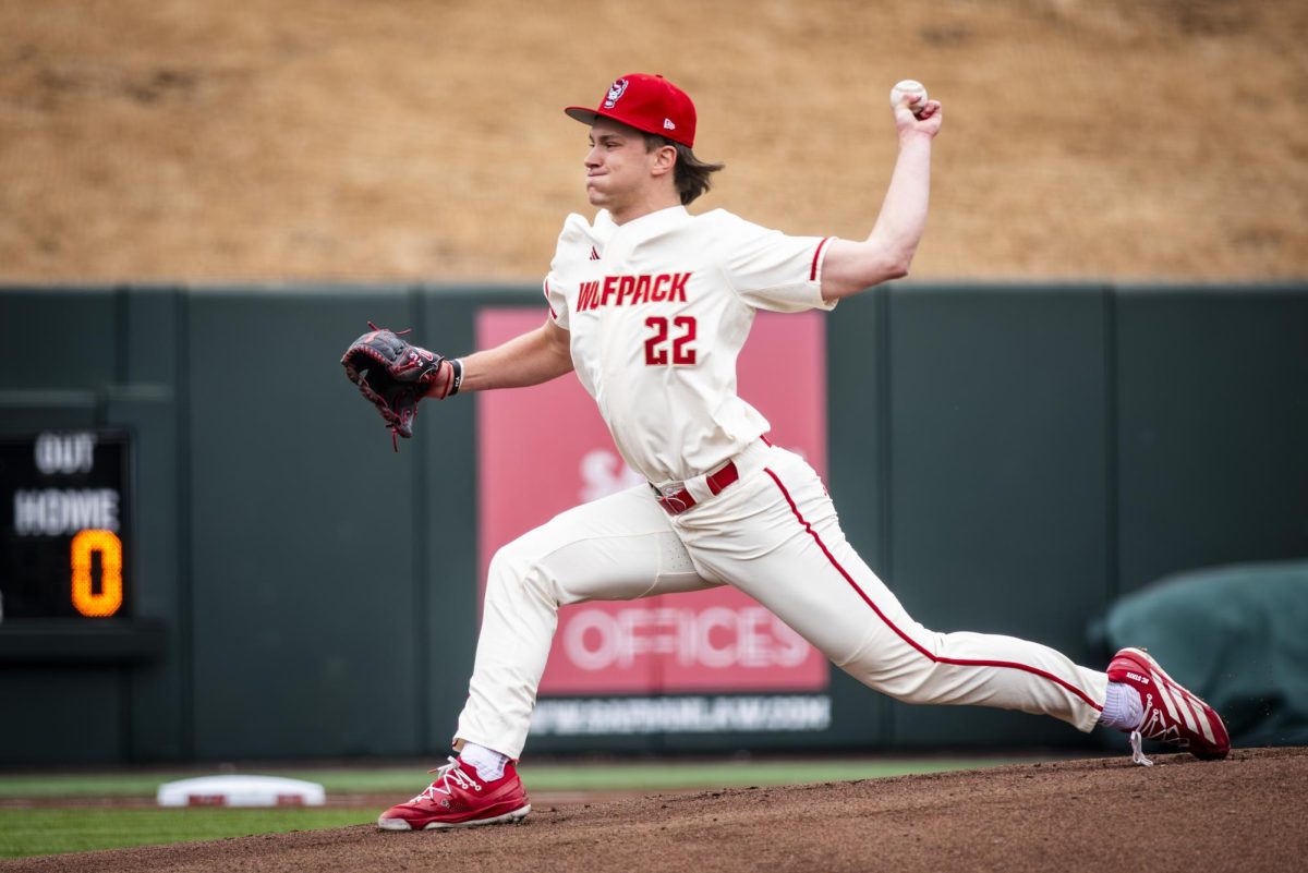 NC State freshman left-handed pitcher Luke Hemric pitches during the game against Akron in Doak Field at Dail Park on Friday, Feb. 20, 2026. Hemric earned his first career win. The Wolfpack defeated the Zips 18-3.