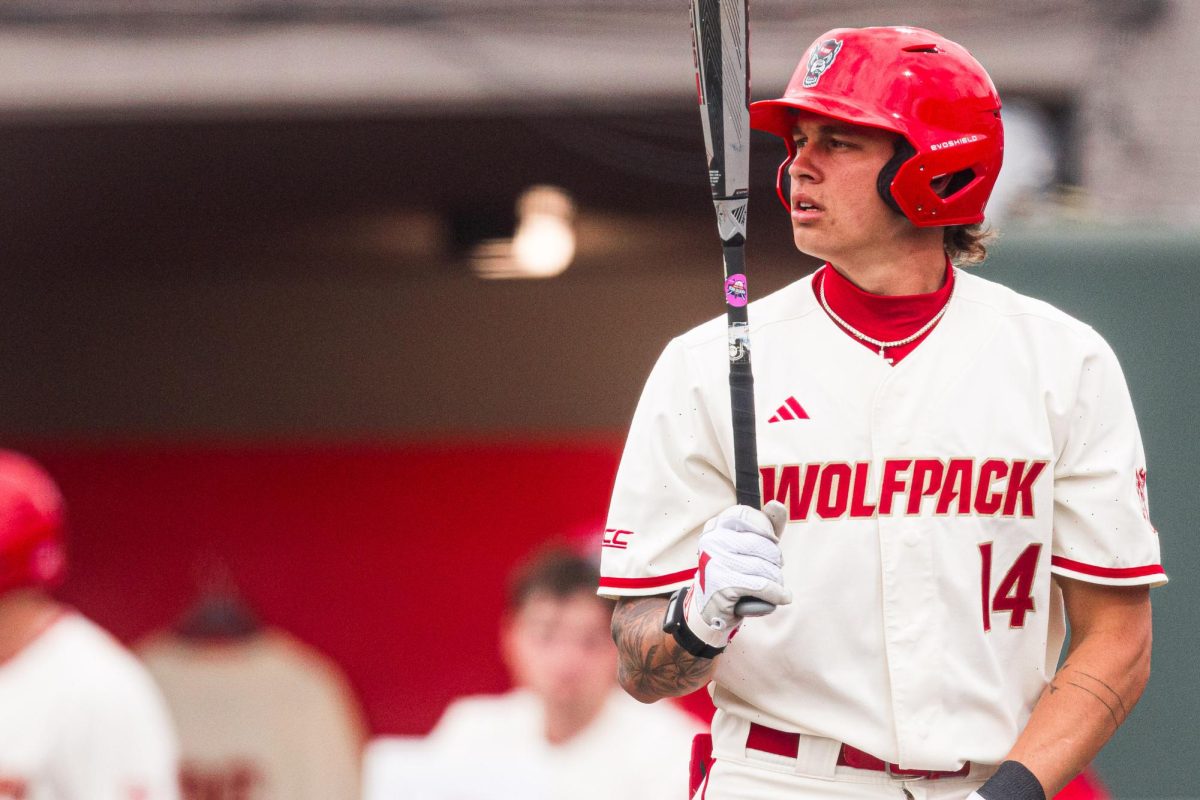 Sophomore outfielder Ty Head moves his bat before the start of his at bat during the game against Winthrop in Doak Field at Dail Park on Wednesday, Feb. 18, 2026. The Wolfpack defeated the Eagles 7-3.