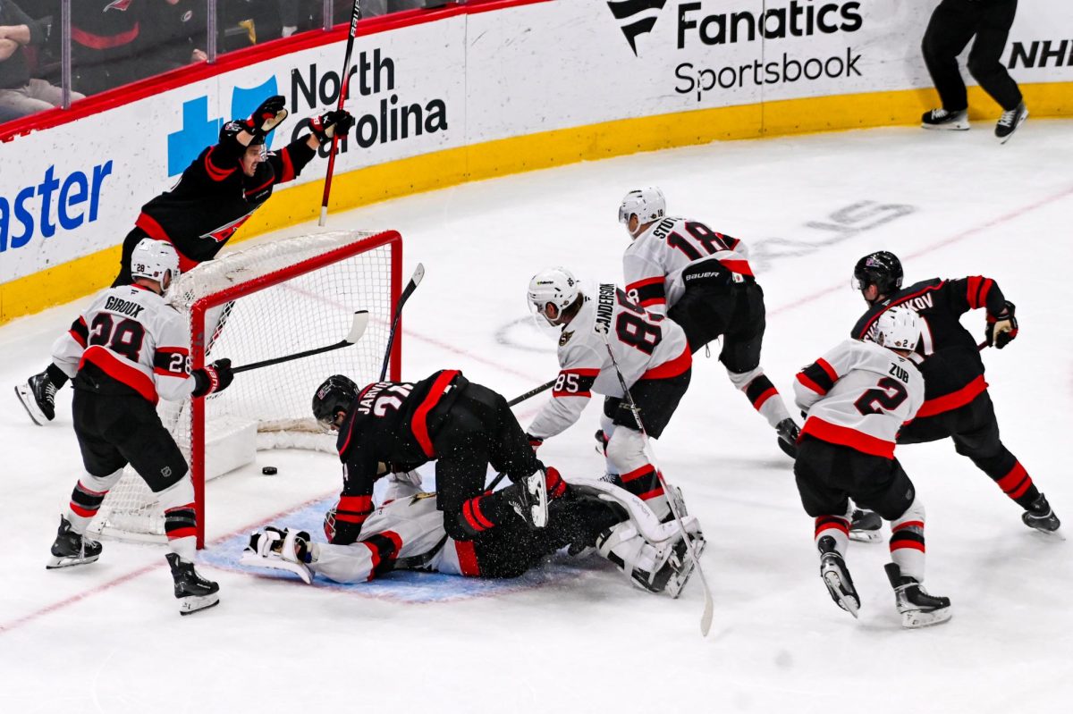 Center Sebastian Aho scores during the game versus the Ottawa Senators at the Lenovo Center on Tuesday, Feb. 3rd, 2026. This was the final home game before the Olympic break in which Aho will be representing Finland. The Canes beat the Senators 4-3.  