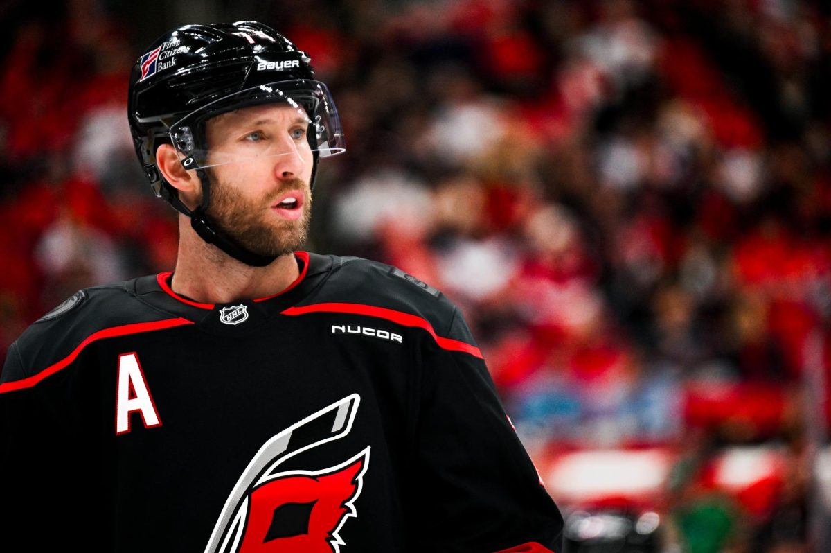 Defenseman Jaccob Slavin looks out on the ice during the game versus the Ottawa Senators at the Lenovo Center on Tuesday, Feb. 3rd, 2026. This was the final home game before the Olympic break in which Slavin will be representing the U.S.A. The Canes beat the Senators 4-3. 