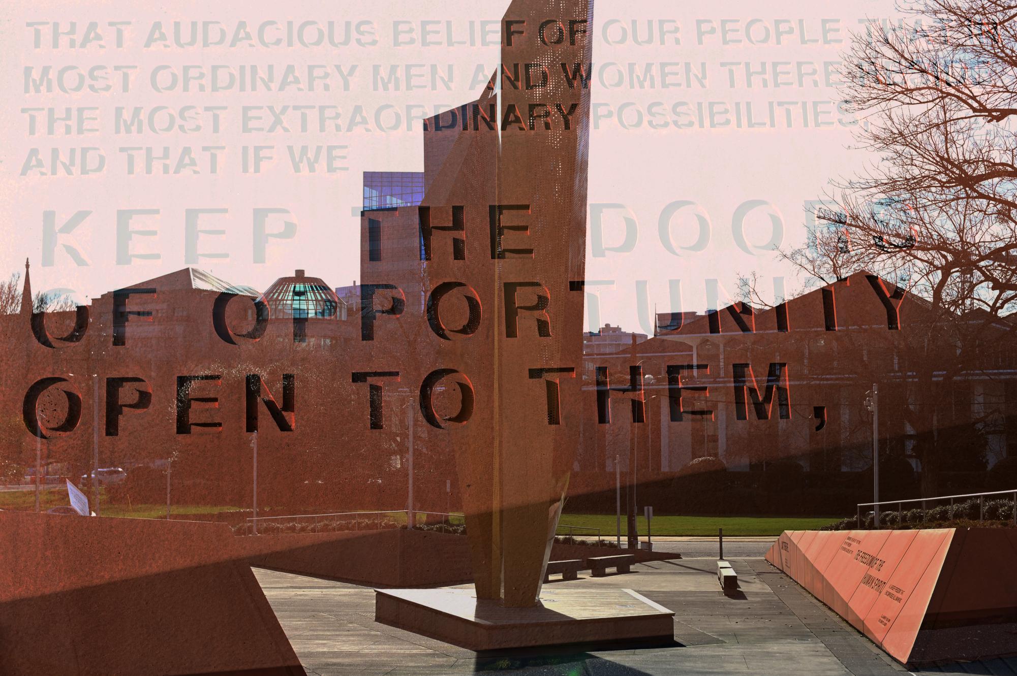 Multiple exposure of the Beacon of Freedom monument and a quote by James E. Shepard at Freedom Park in Raleigh on Friday, Feb. 20, 2026. The quote reads: "That audacious belief of our people - that in most ordinary men and women there reside the most extraordinary possibilities, and that, if we keep the doors of opportunity open to them, they will amaze us with their achievements." Shepard was the founder of what is now North Carolina Central University.