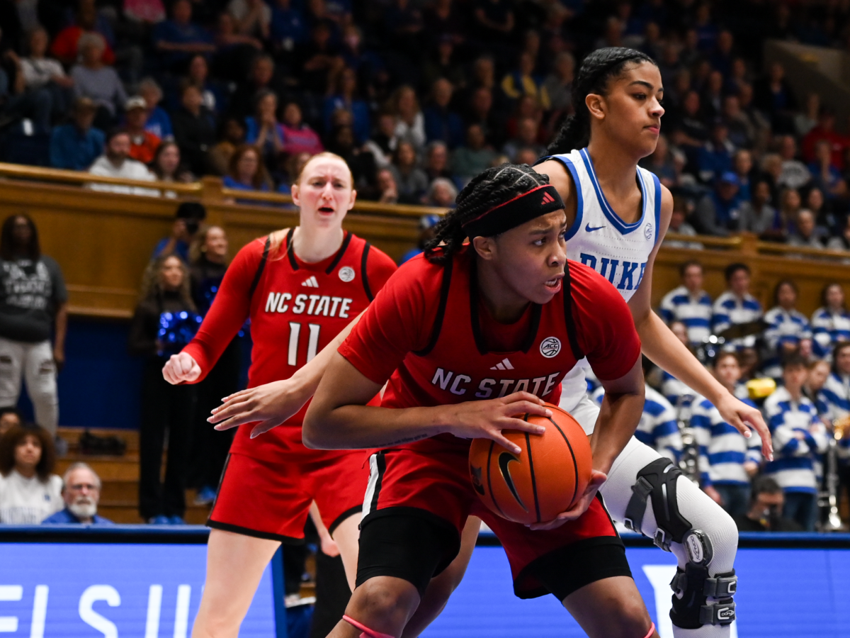 Junior guard Zoe Brooks defends the ball during the game against Duke on Thursday, Feb. 19, 2026. Brooks scored 21 points at Cameron Indoor Stadium. NC State lost to Duke 83-65.